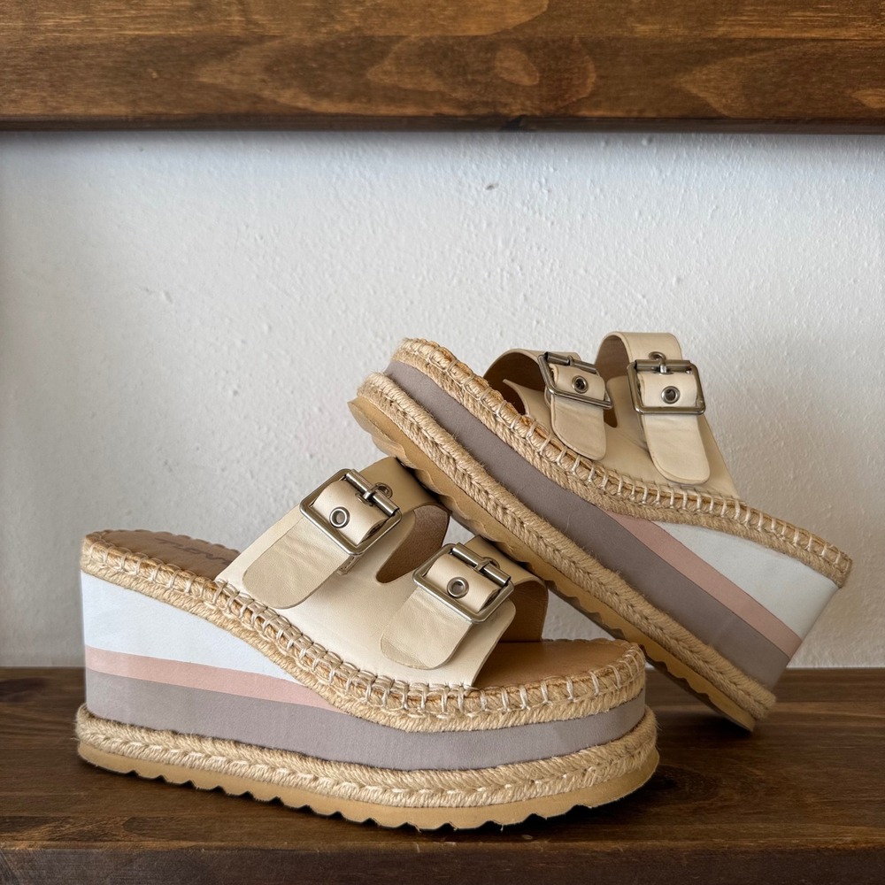 Novus Cream Leather Double Buckle Striped Platform Espadrille Wedge Sandals 6
